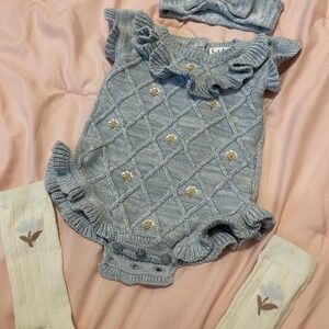 Blue Ruffled Baby Romper with Headband and Socks